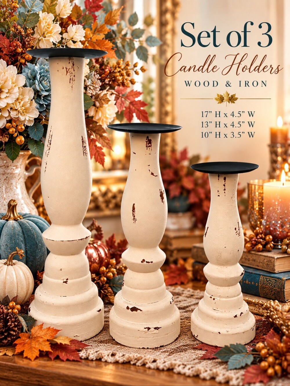 Set of 3 Rustic Whitewash Wood & Iron Candle Holders